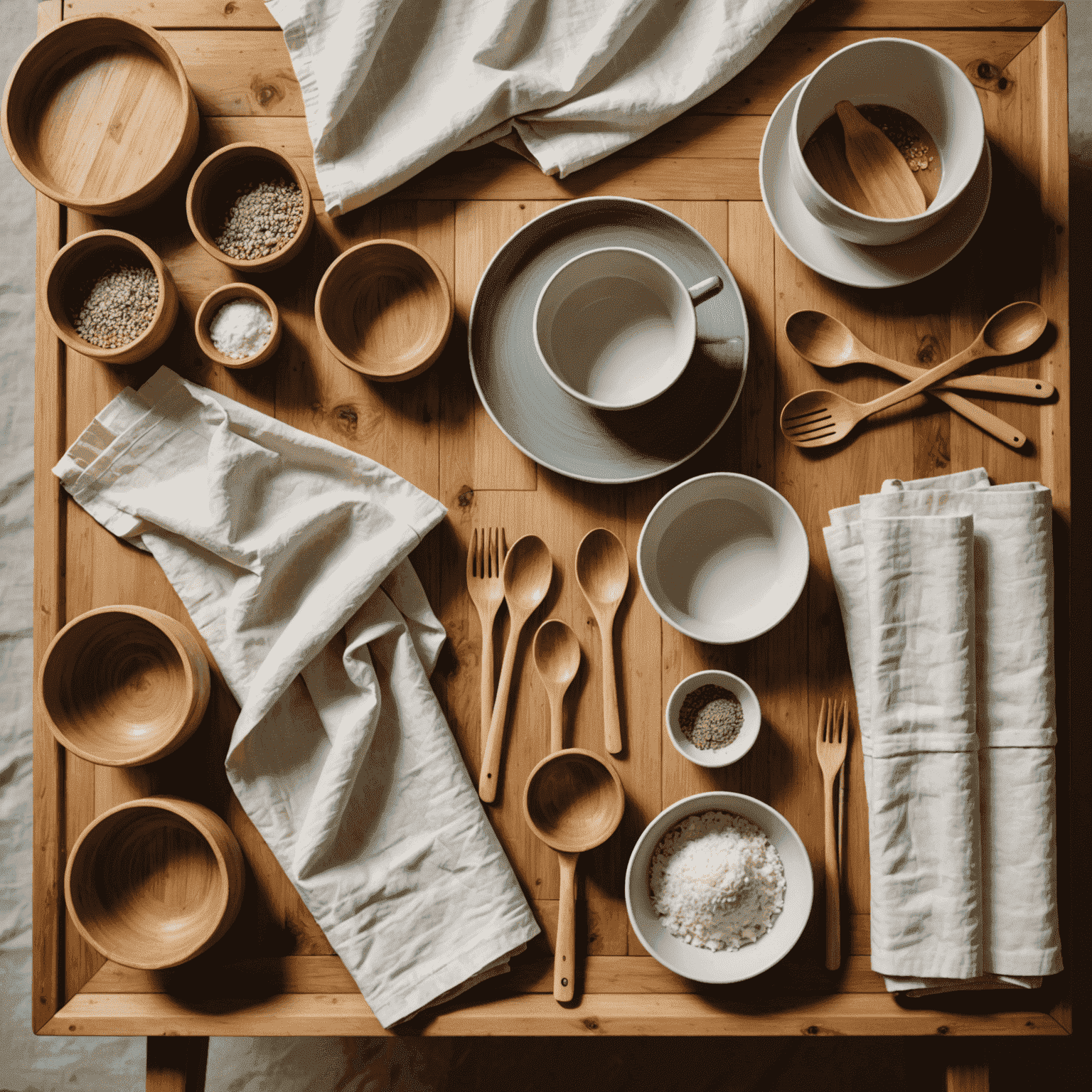 Variedad de productos para el hogar ecológicos, incluyendo utensilios de cocina de bambú, sábanas de algodón orgánico y cerámica hecha a mano, dispuestos en una mesa de madera con luz natural