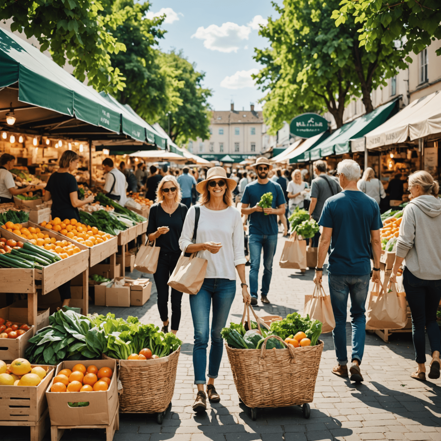 Imagen de un mercado local con productos frescos y orgánicos, personas comprando con bolsas reutilizables
