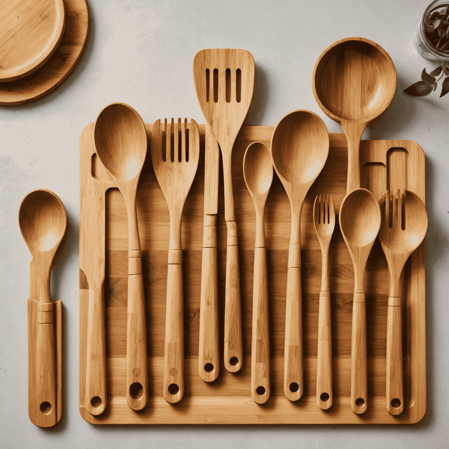 Juego de utensilios de cocina de bambú, incluyendo cucharas, espátulas y tablas de cortar, dispuestos sobre una encimera de madera clara