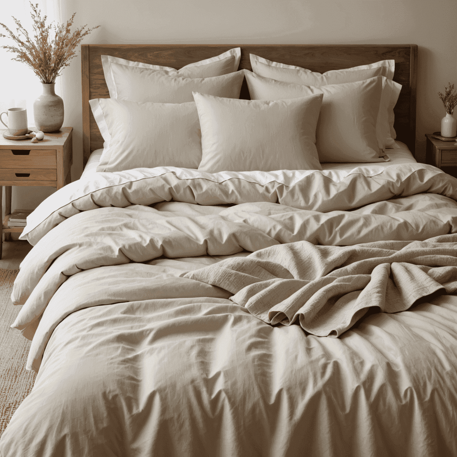 Juego de cama con sábanas y fundas de almohada de algodón orgánico en tonos suaves de beige y blanco, dispuesto sobre una cama con luz natural